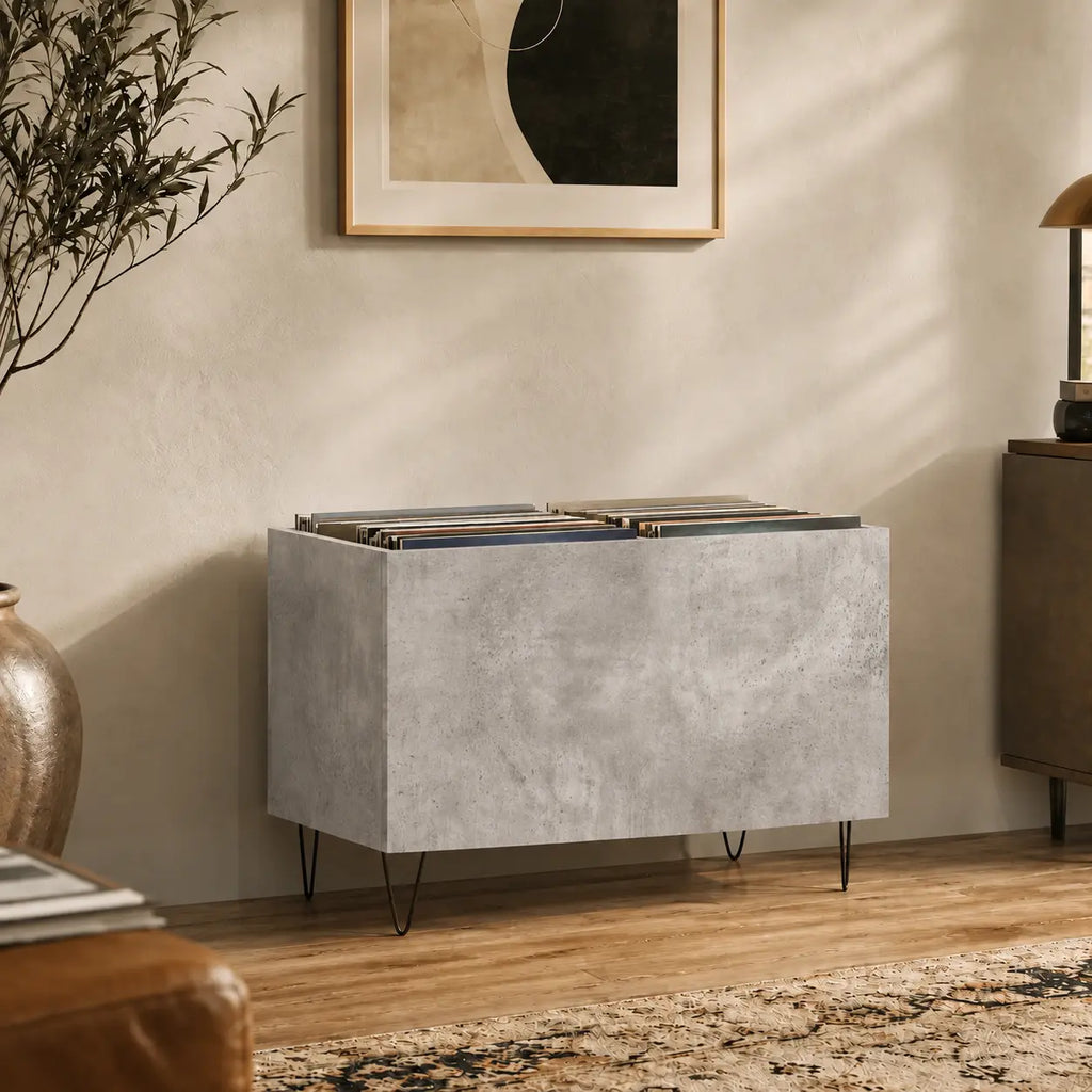 Bac de rangement pour disques vinyles en bois couleur gris béton style industriel