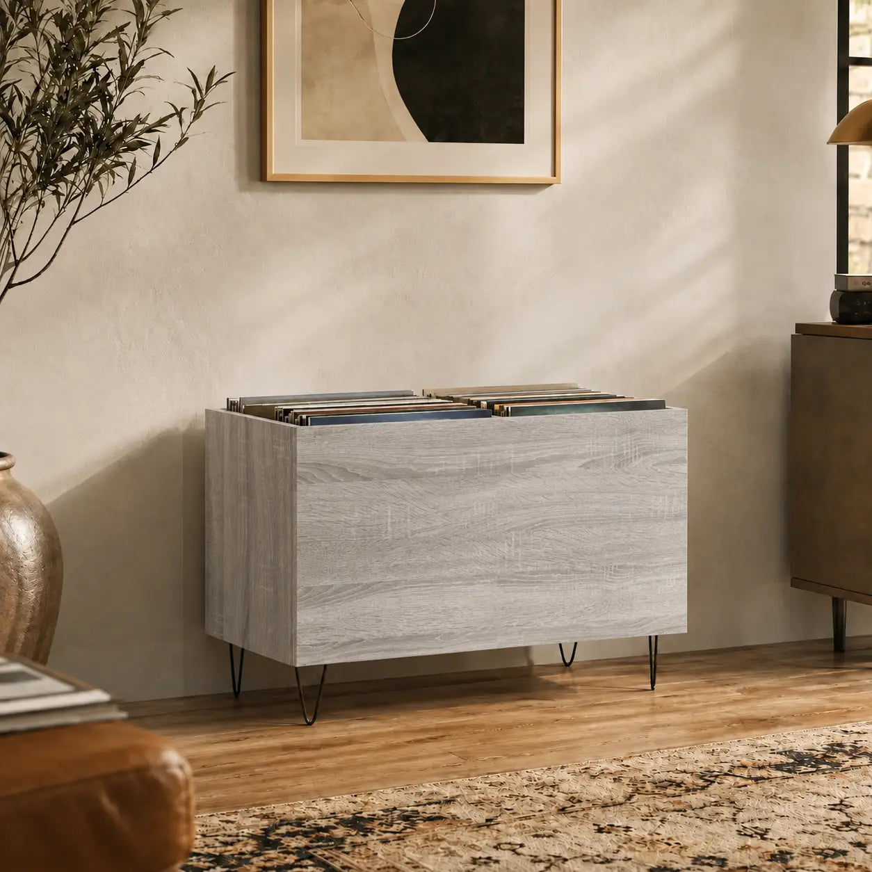 Meuble de rangement en bois pour disques vinyles couleur gris Image