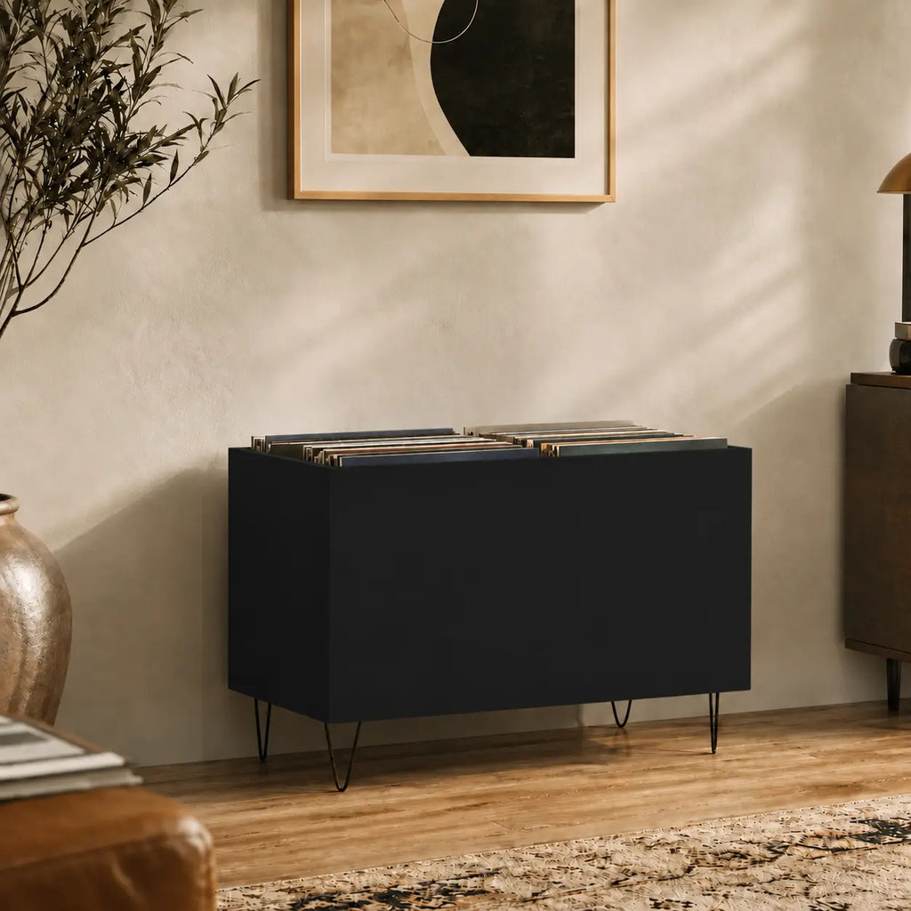 Bac de rangement meuble vinyle pour disques en bois couleur noir