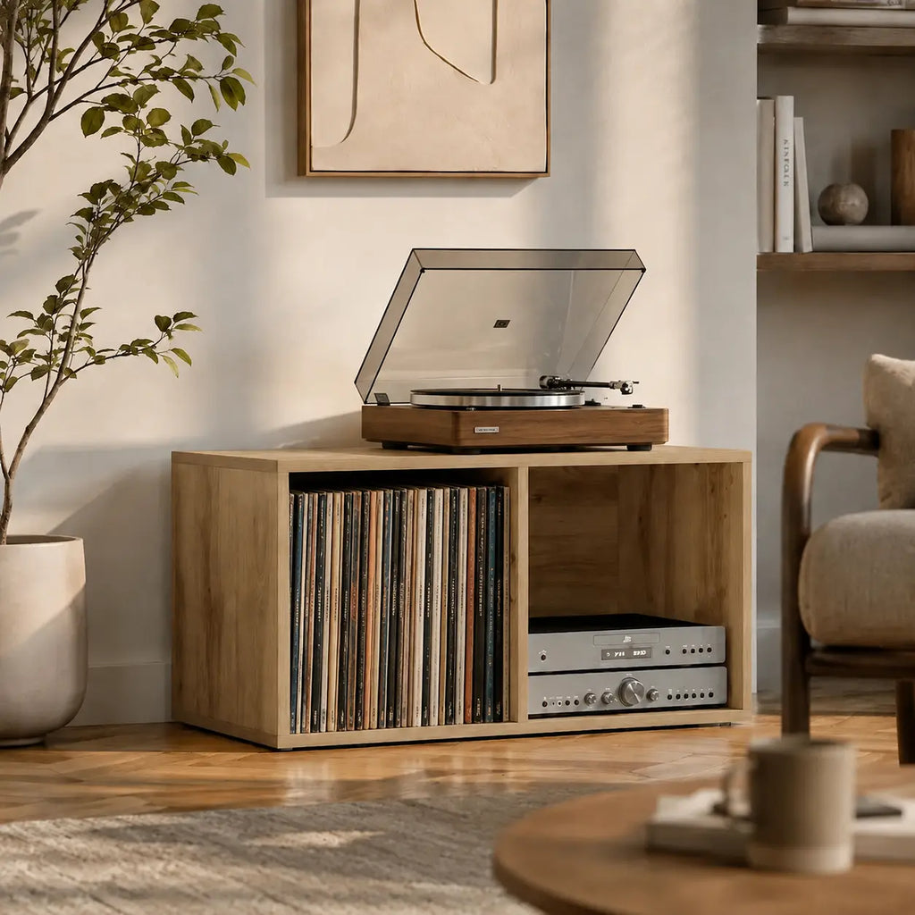 meuble pour disques vinyles et platine en bois couleur chêne