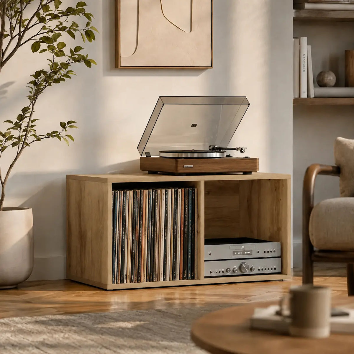 meuble pour disques vinyles et platine en bois couleur chêne