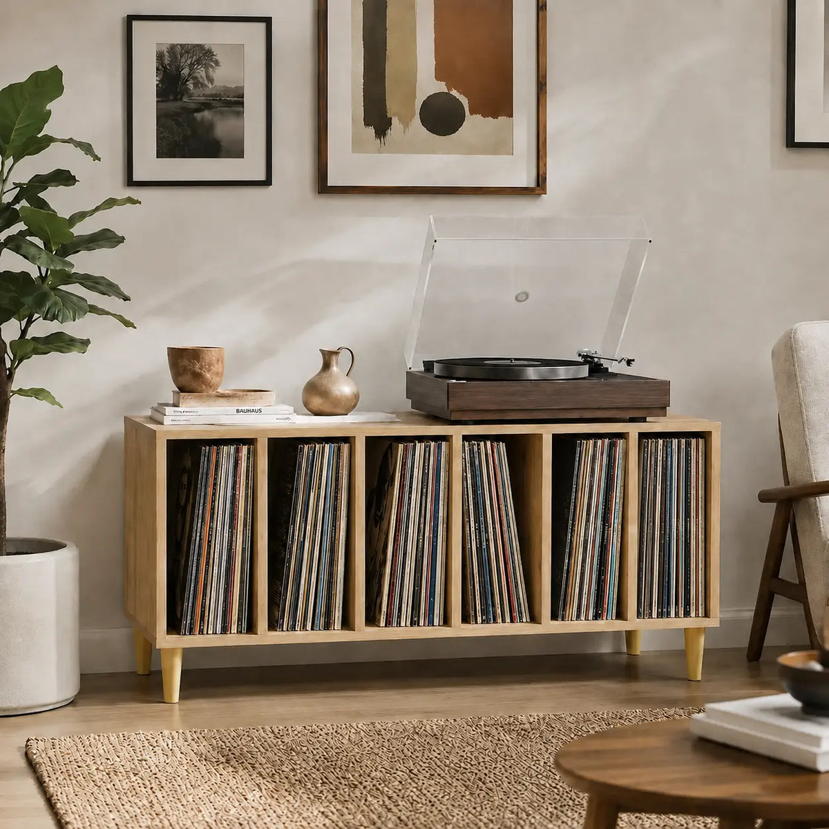 Meuble en bois pour disques vinyles et platine couleur chêne