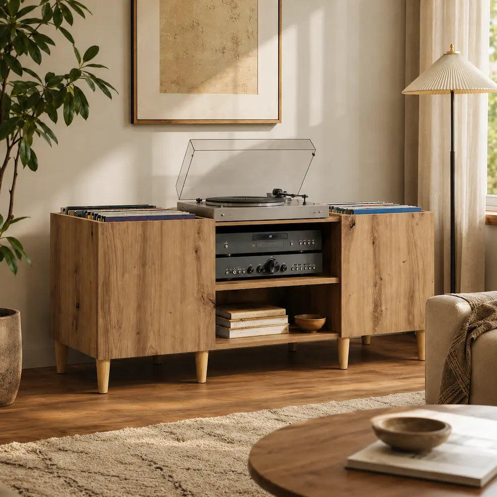 Meuble Vinyle pour Platine Chêne Artisanal 121 cm | Vaska
