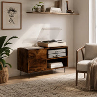 Meuble pour platine et vinyles couleur bois foncé fumé