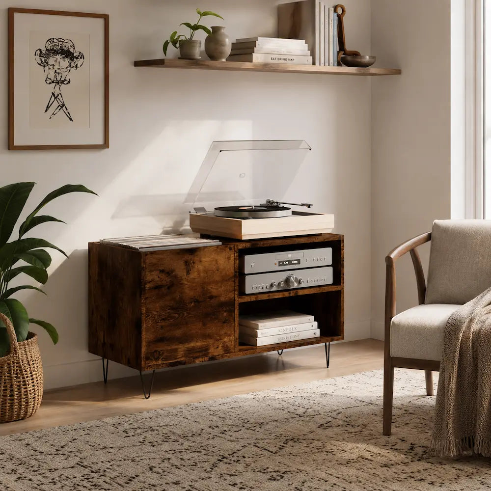 Meuble pour platine et vinyles couleur bois foncé fumé Image