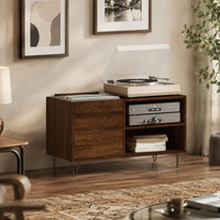 Meuble vintage pour disques vinyles et platine bois foncé