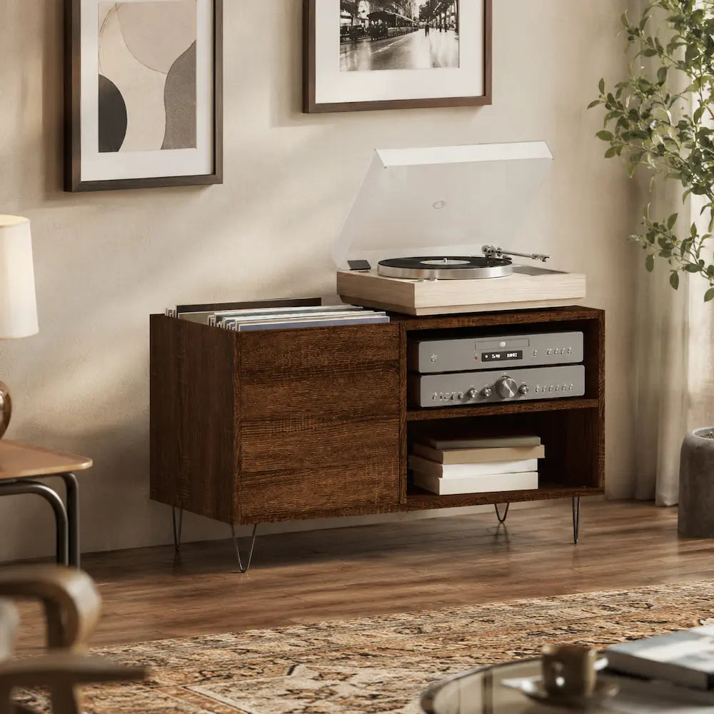 Meuble vintage pour disques vinyles et platine bois foncé Image
