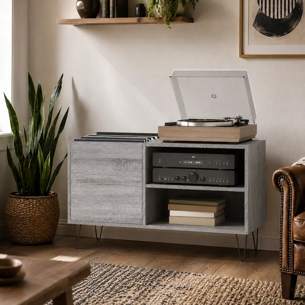 Meuble pour platine et vinyles couleur gris en bois Image