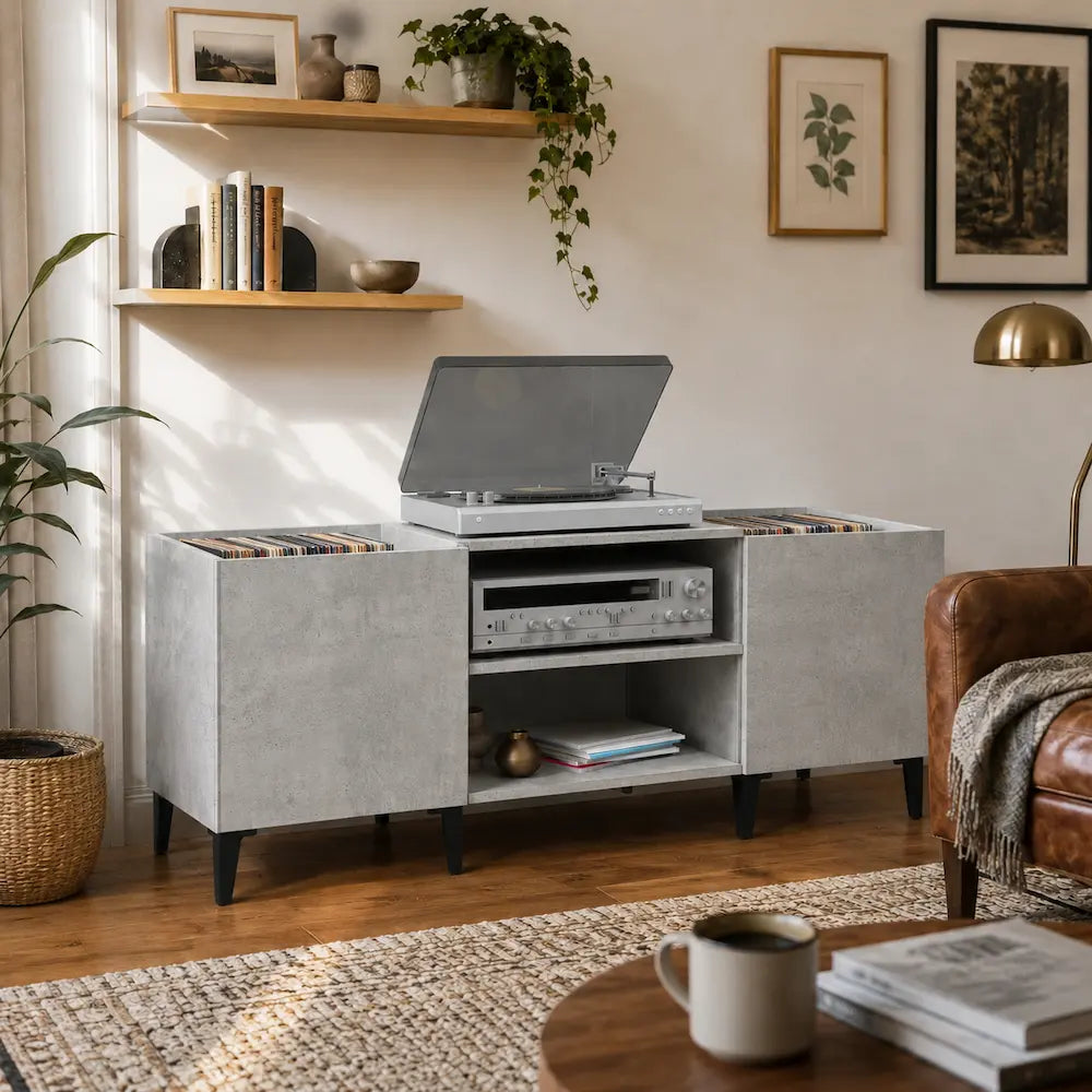 Meuble Vinyle pour Platine Gris Béton 121 cm | Gravo