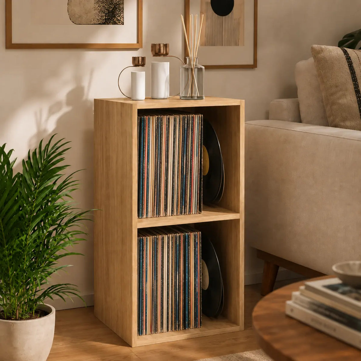 meuble vertical pour disques vinyles couleur chêne sonoma bois