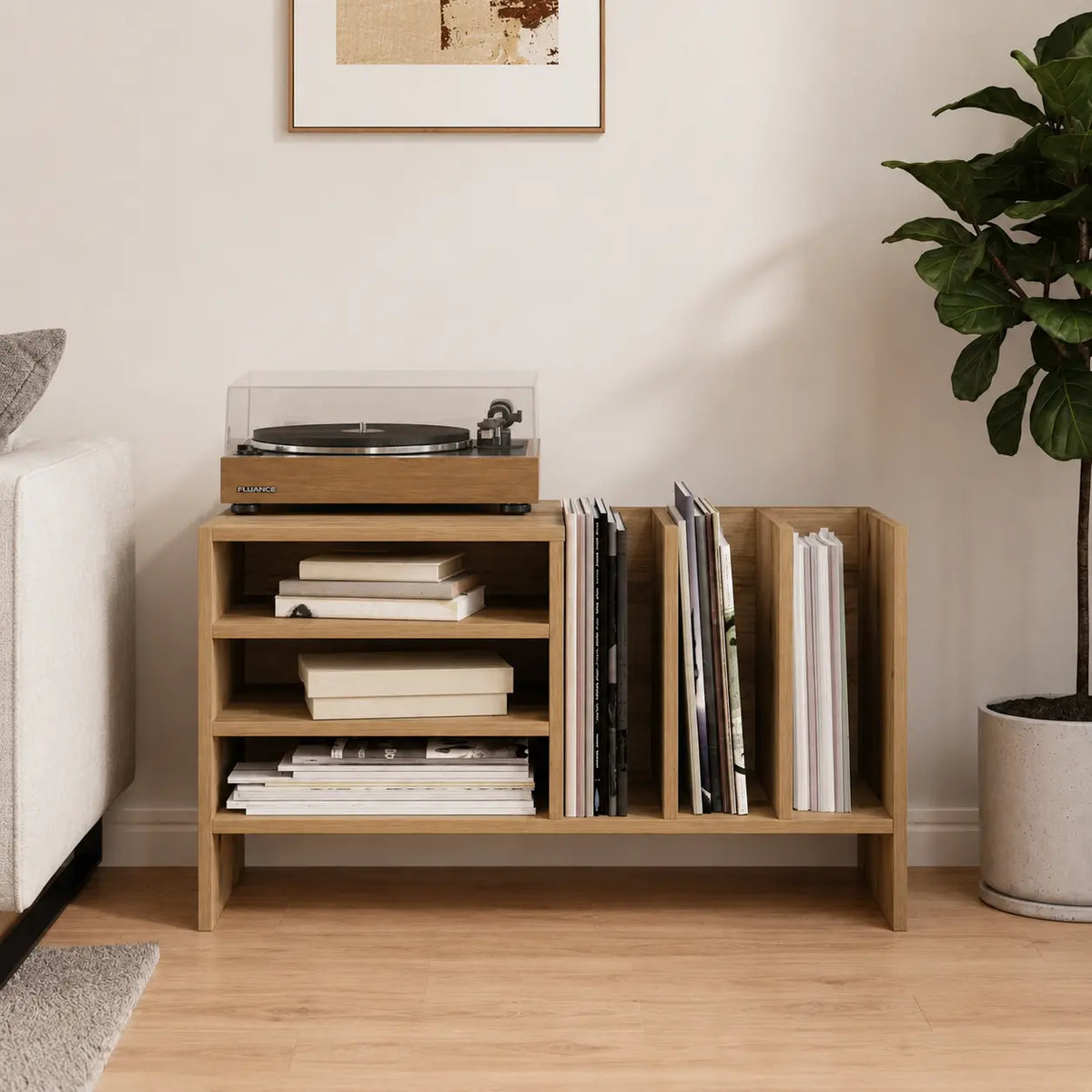 petit meuble pour platine vinyle en bois mdf couleur chêne artisanal Image