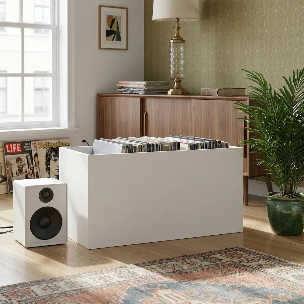 meuble bac à rangement vinyle en bois blanc aux dimensions 71 x 34 x 36 cm Image
