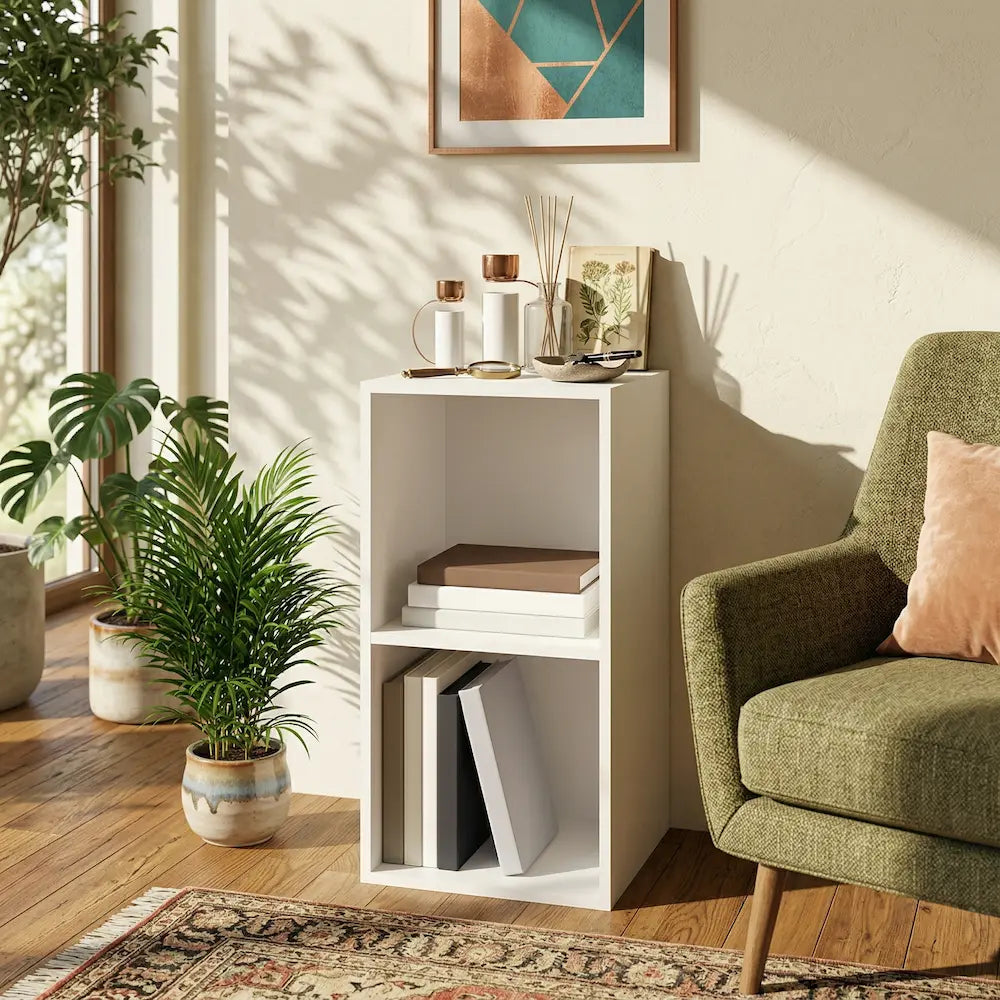 meuble vinyle en bois blanc aux dimensions 71 x 34 x 36 cm au format vertical