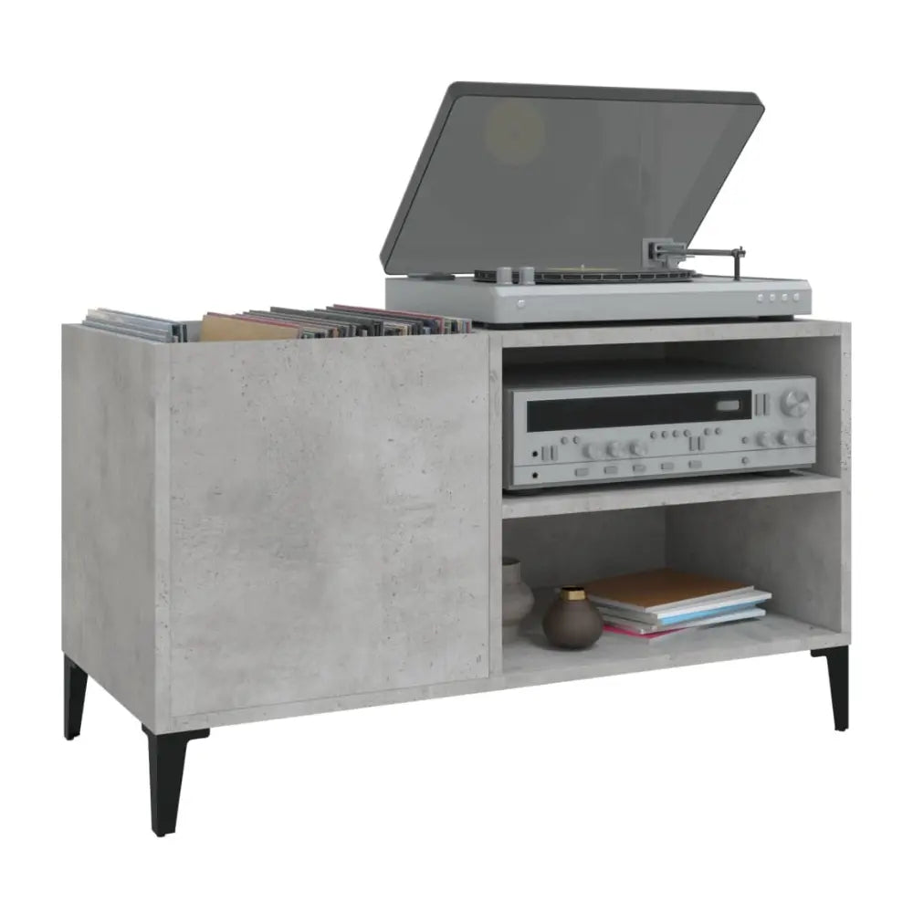 meuble vinyle en bois couleur gris béton de dimension 84,5 x 38 x 48 cm sur fond blanc
