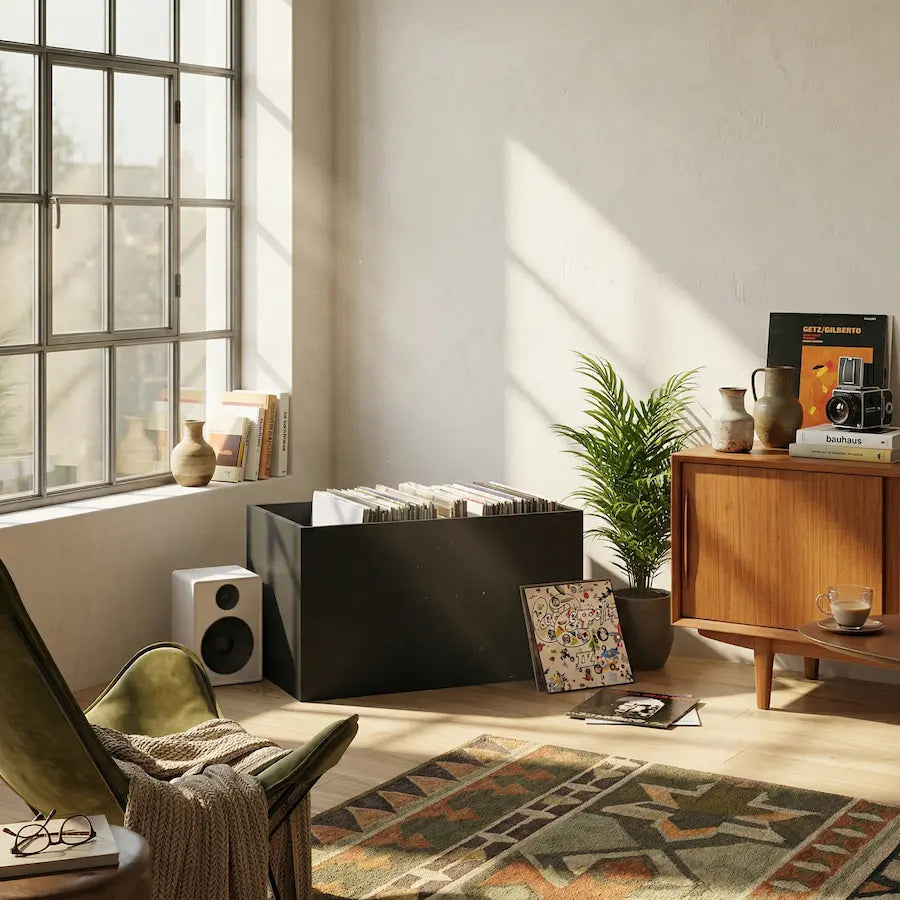 bac de rangement meuble vinyle en bois noir dans salon Image