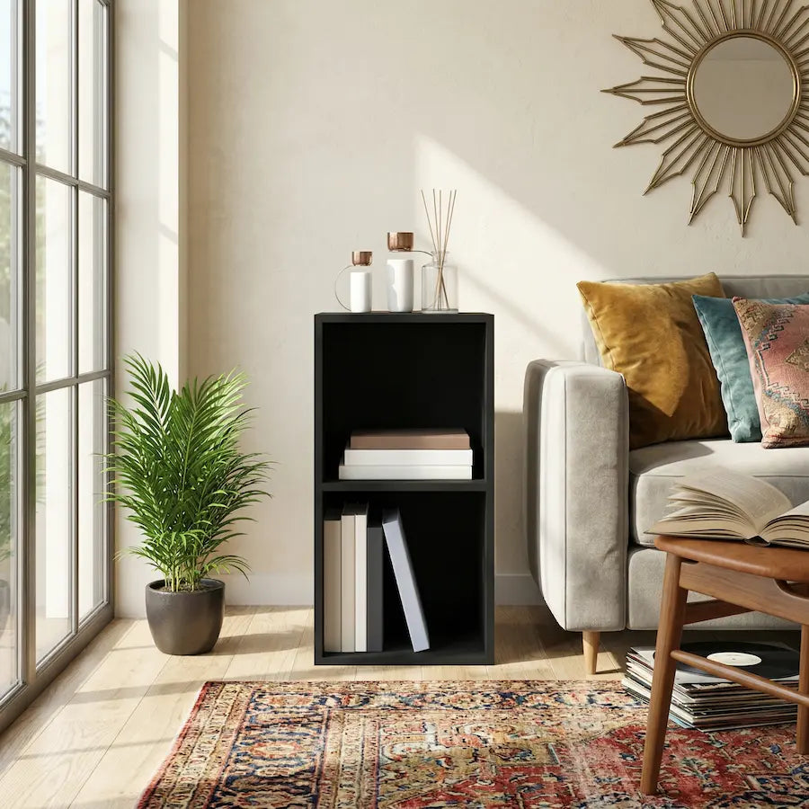 étagère meuble rangement vinyle en bois noir dans salon