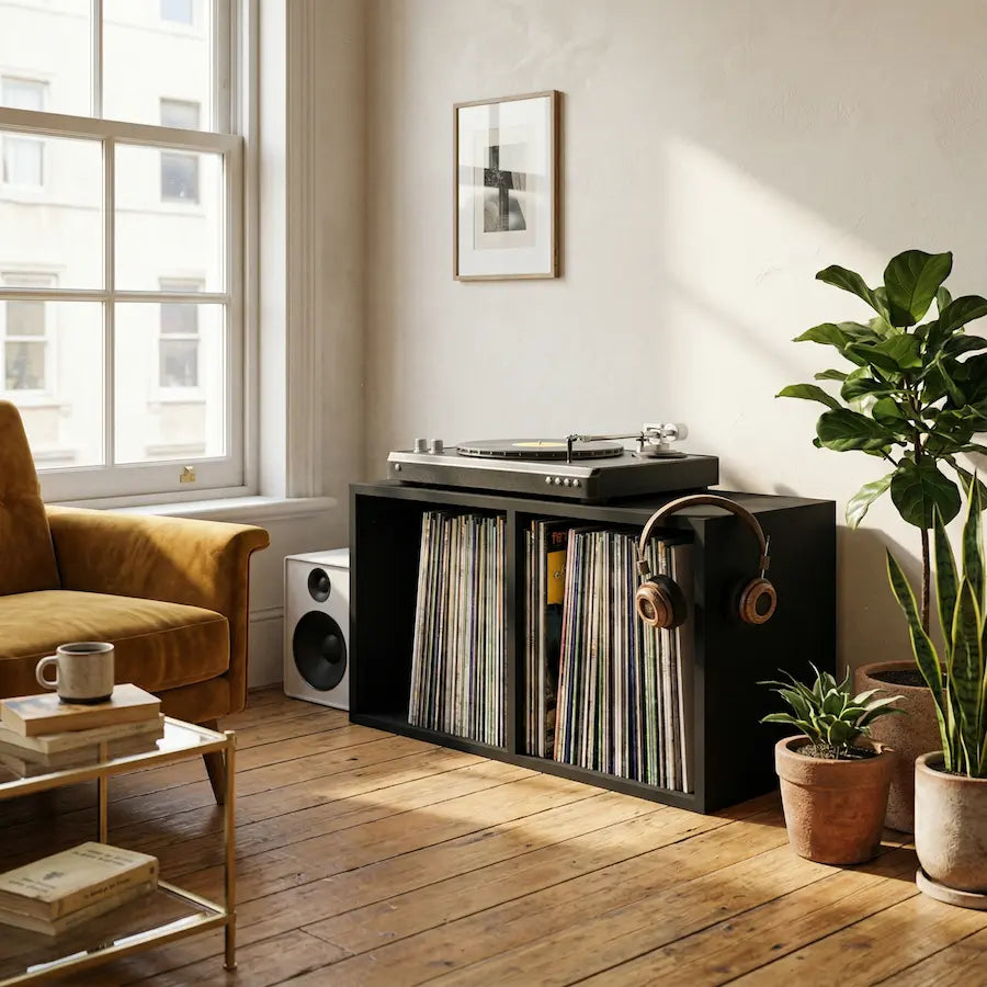 meuble vinyle noir dans salon vintage