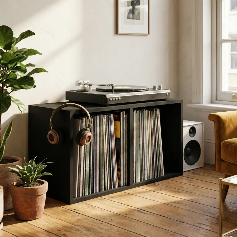 meuble vinyle noir en bois dans salon vintage Image
