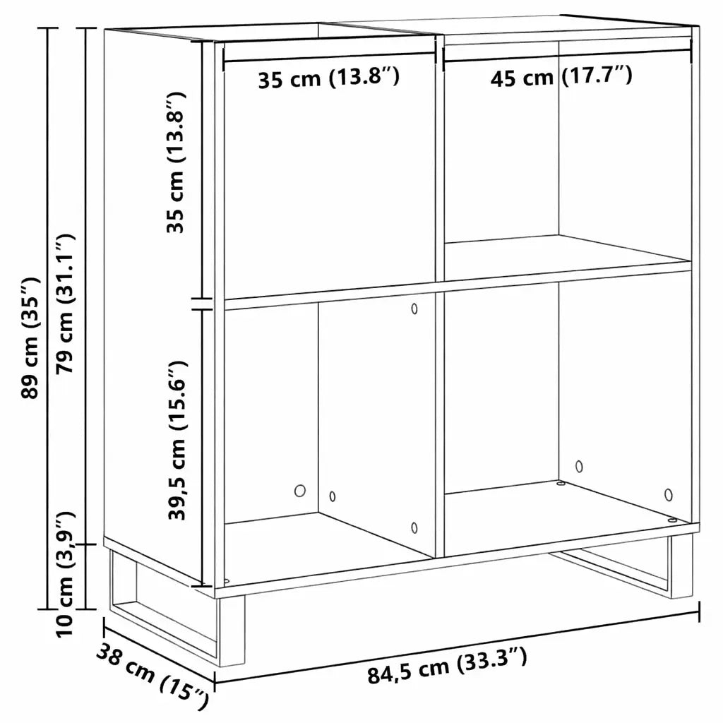 dimensions de meuble vinyle en chêne artisanal avec dimensions 84,5 x 38 x 89 cm