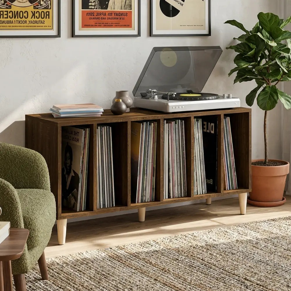 meuble vinyle en chêne marron aux dimensions 100x38x48 cm dans salon design Image