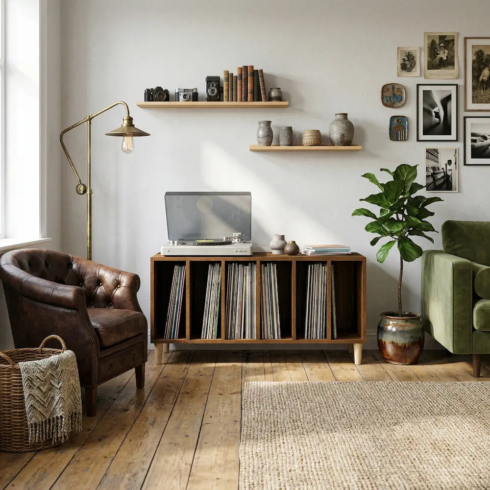meuble vinyle en chêne marron aux dimensions 100x38x48 cm sur fond blanc dans salon moderne vintage Image