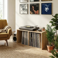 meuble vinyle en chêne sonoma aux dimensions 71 x 34 x 36 cm dans salon moderne vintage