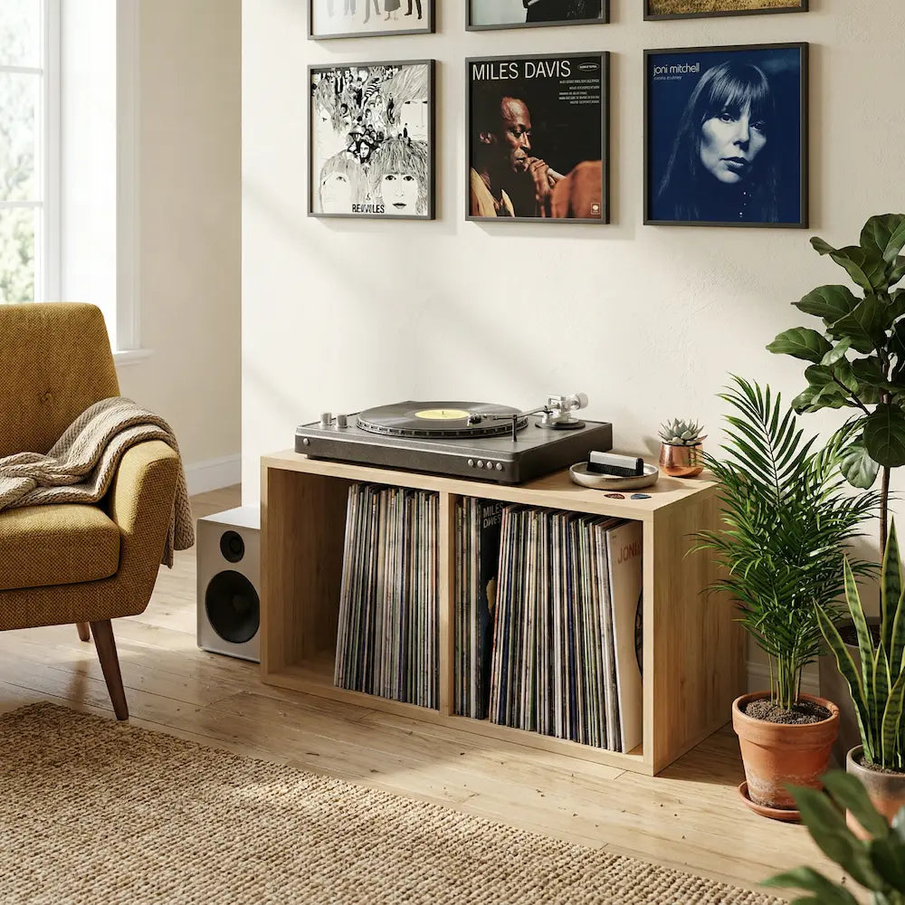 meuble vinyle en chêne sonoma aux dimensions 71 x 34 x 36 cm dans salon moderne vintage Image