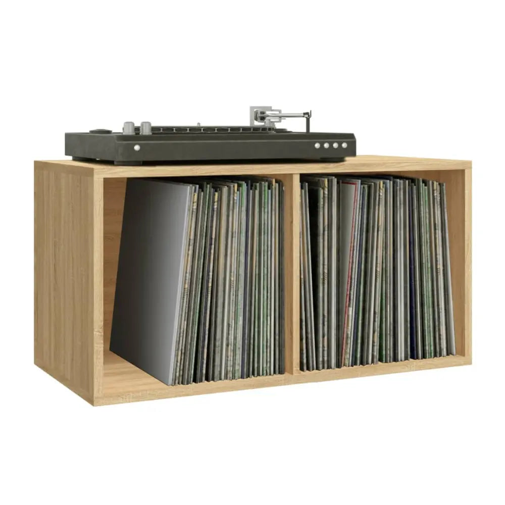 meuble vinyle en chêne sonoma aux dimensions 71 x 34 x 36 cm sur fond blanc