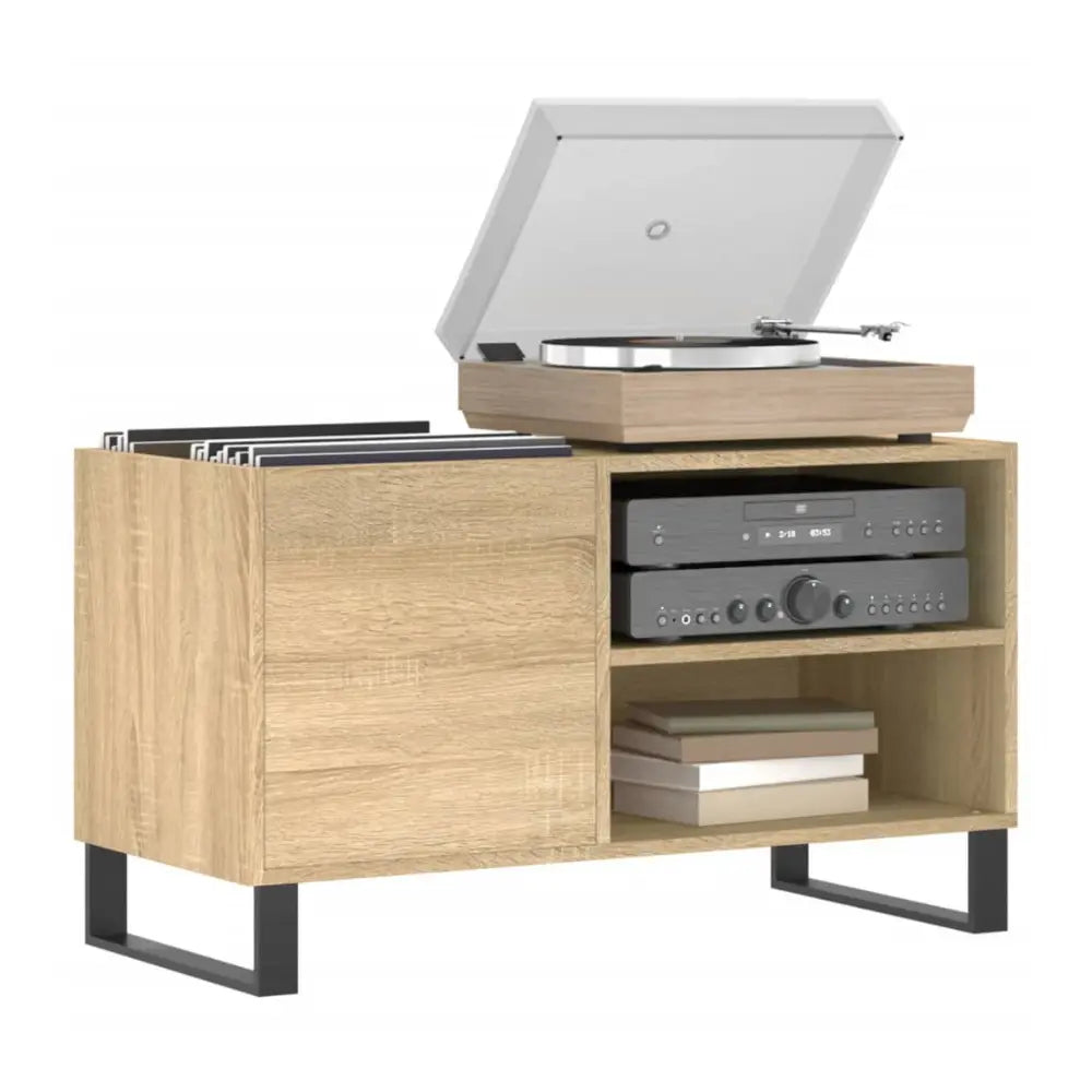 meuble vinyle en chêne sonoma avec dimensions 85 x 38 x 48 cm sur fond blanc