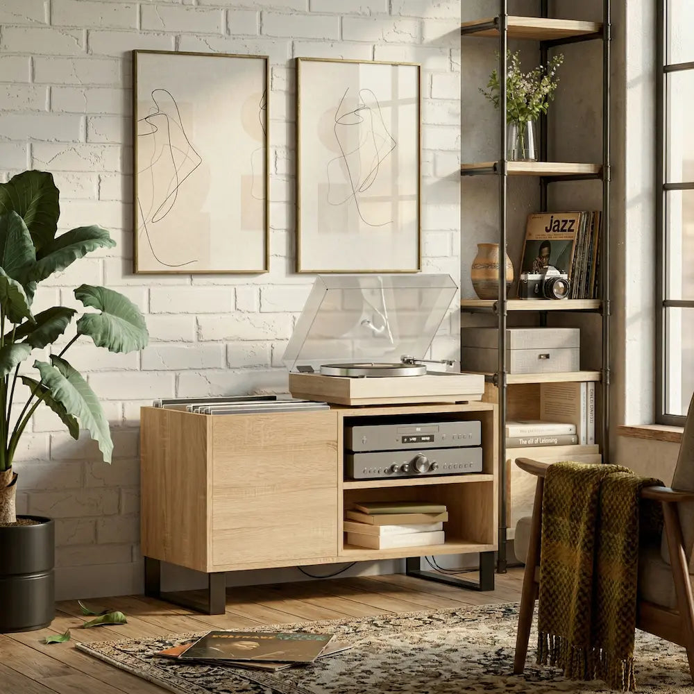 meuble vinyle en chêne sonoma avec dimensions 85 x 38 x 48 cm dans salon moderne vintage Image