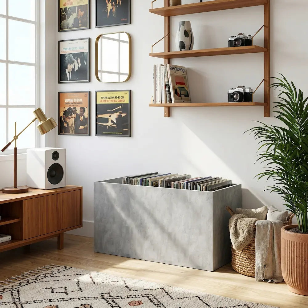 bac meuble vinyle couleur gris béton de dimensions 71 x 34 x 36 cm  Image