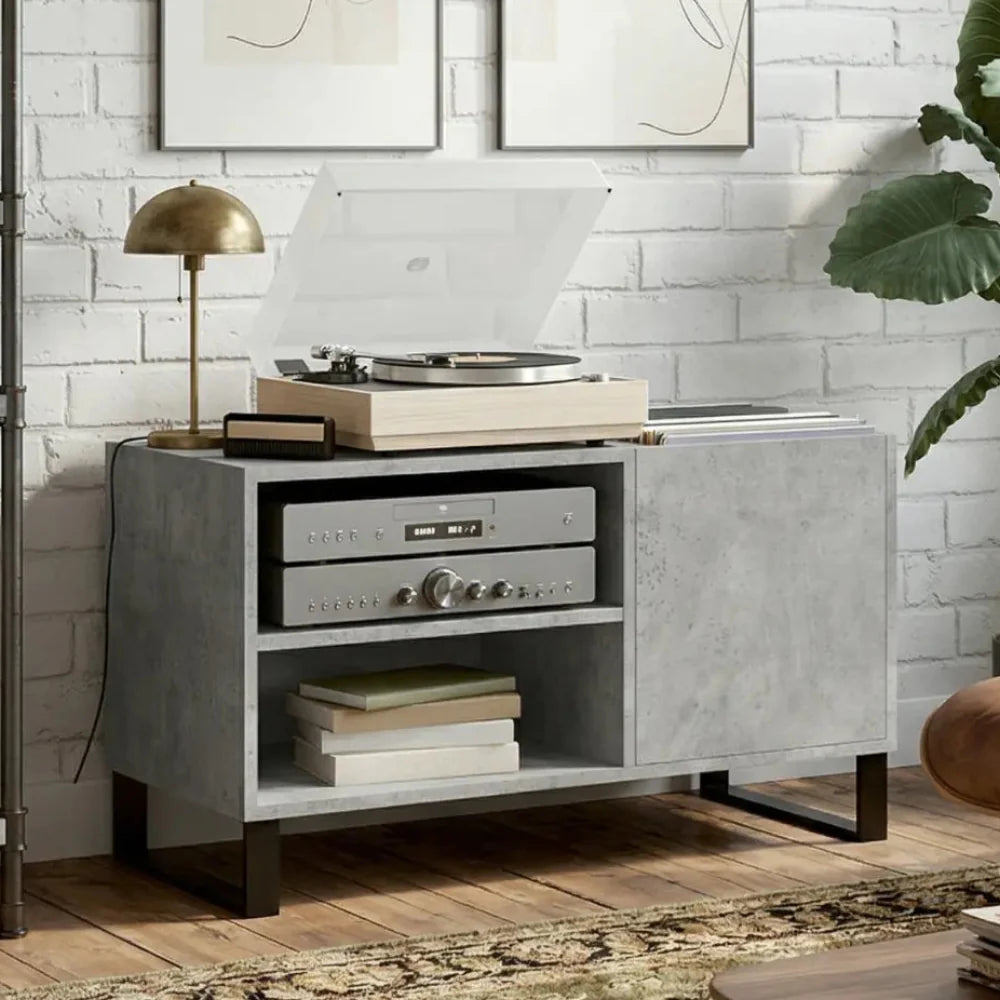 meuble vinyle gris béton avec dimensions 85 x 38 x 48 cm dans salon Image
