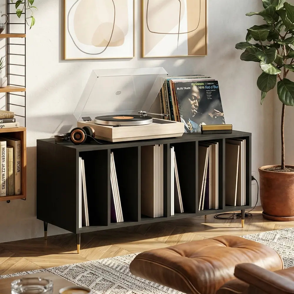 meuble vinyle noir en bois aux dimensions 100 x 38 x 48 cm dans salon Image