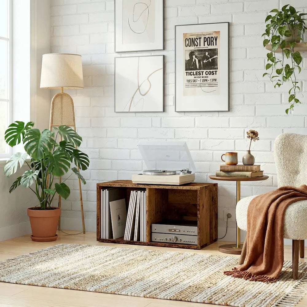 meuble vinyle en vieux bois de dimension 69,5x34x36 cm dans salon moderne vintage Image