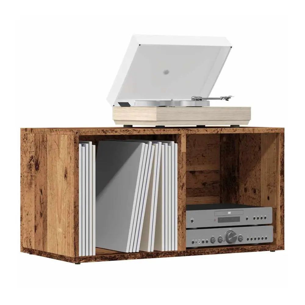 meuble vinyle en vieux bois de dimension 69,5x34x36 cm sur fond blanc