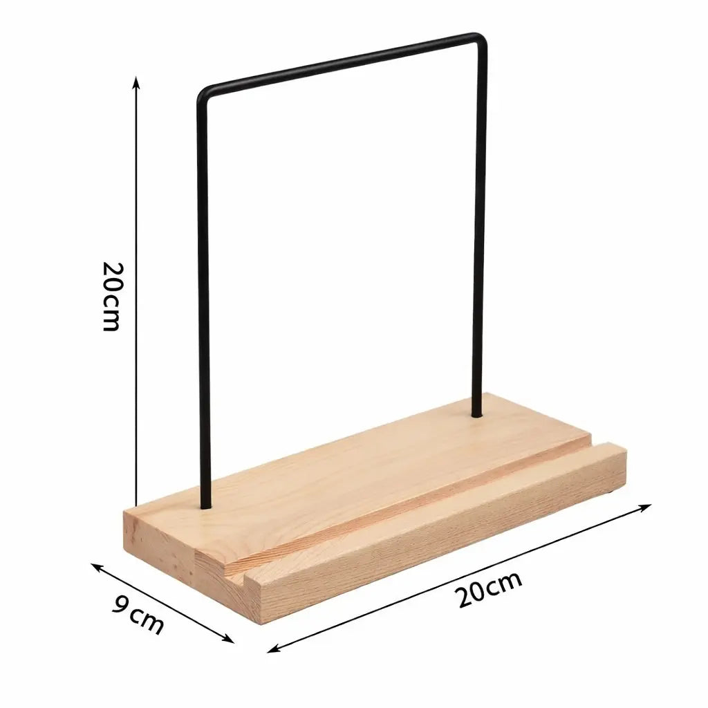 dimensions de rangement présentoir pour disque vinyle en bois et métal de couleur marron clair sur fond blanc