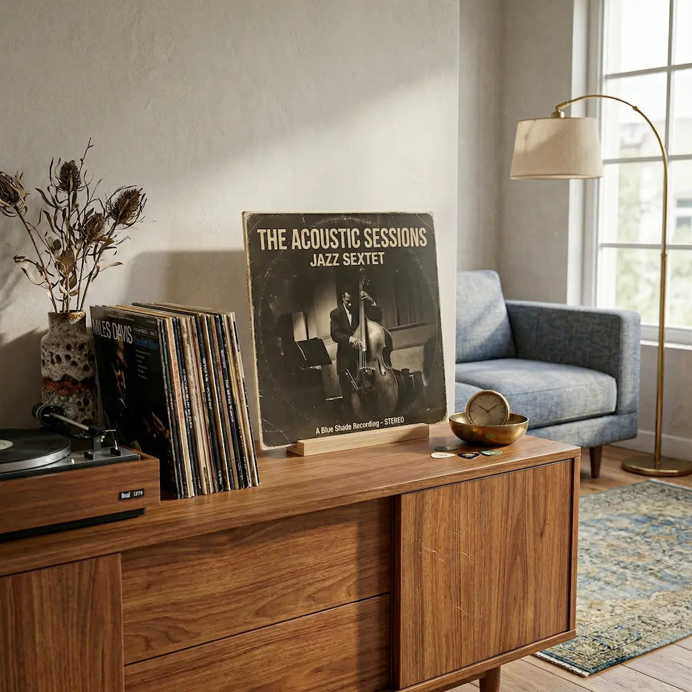rangement présentoir pour disque vinyle en bois et métal de couleur marron clair sur commode vintage Image