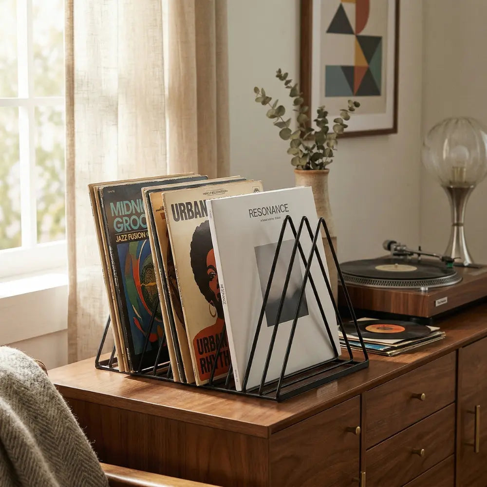 rangement porte disques vinyle en métal sur buffet vintage